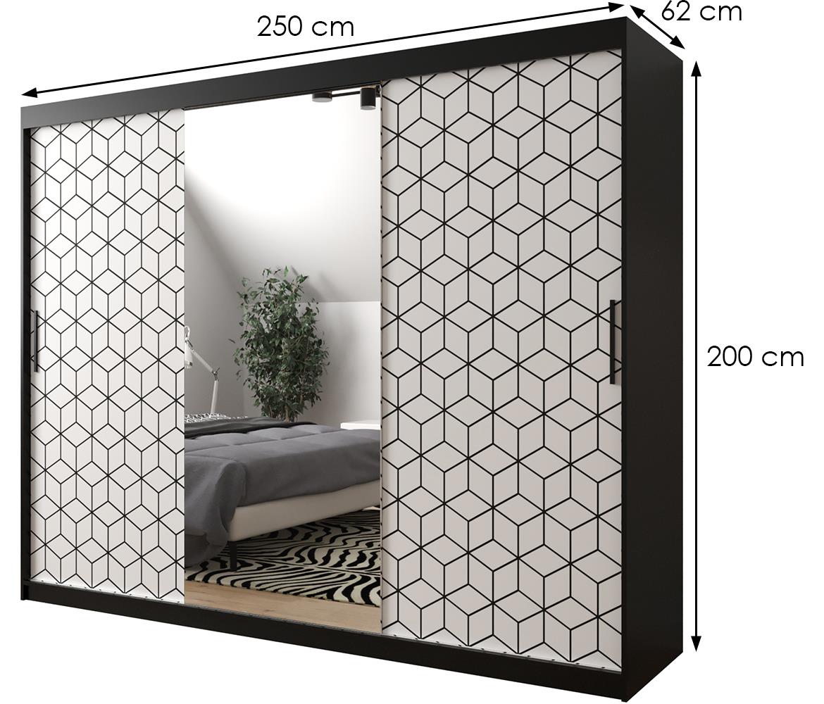 Hexagon ormar/ogledalo 3 vrata 250x62x200 cm crno/beli