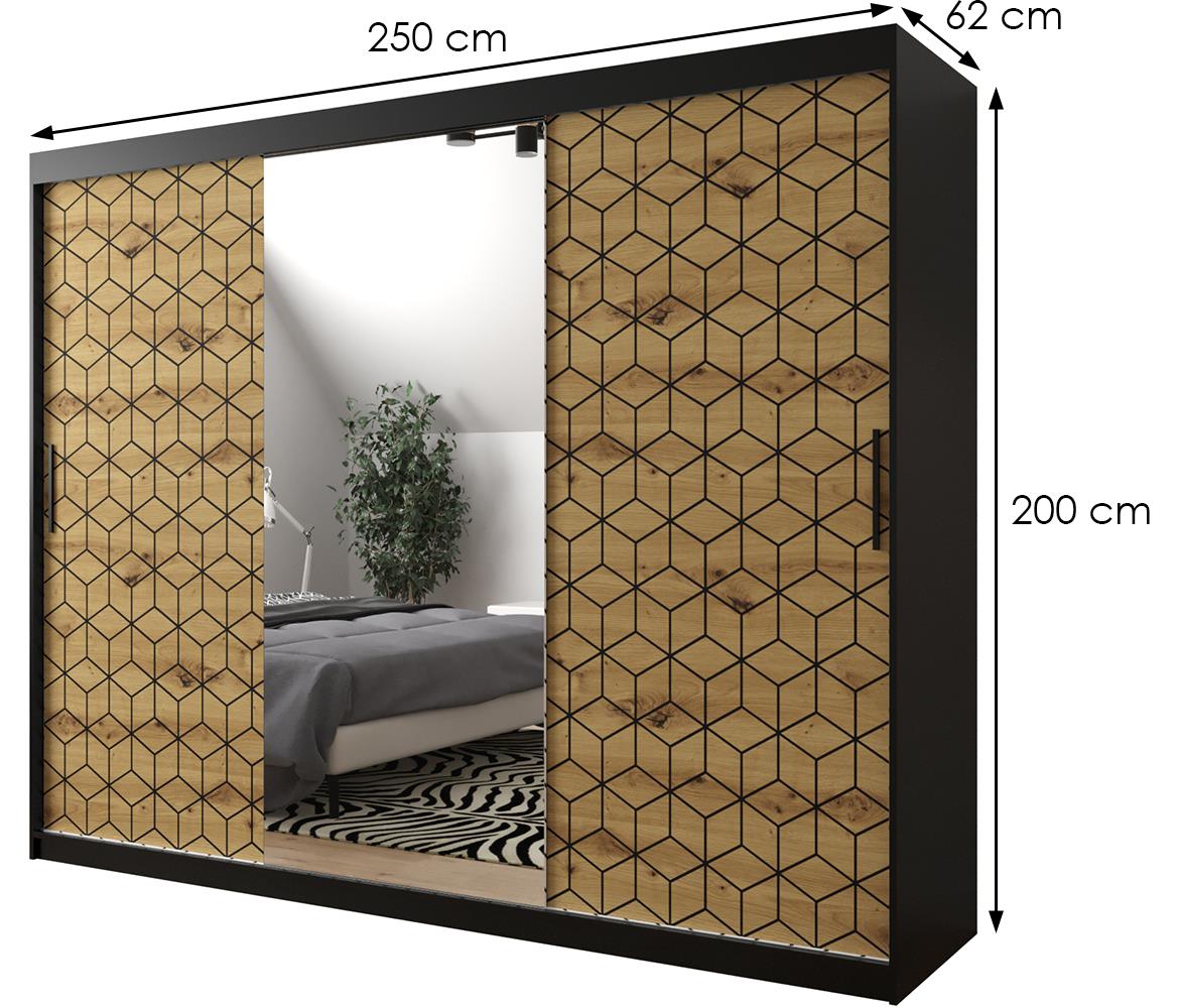 Hexagon ormar/ogledalo 3 vrata 250x62x200 cm natur (artisan hrast)/crni