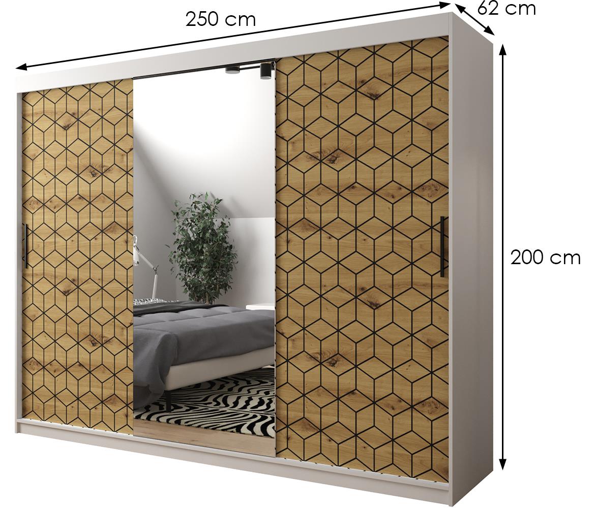 Hexagon ormar/ogledalo 3 vrata 250x62x200 cm natur (artisan hrast)/beli