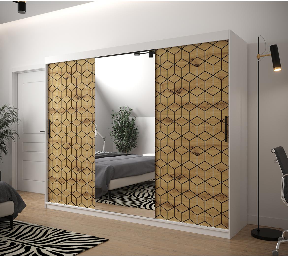 Hexagon ormar/ogledalo 3 vrata 250x62x200 cm natur (artisan hrast)/beli