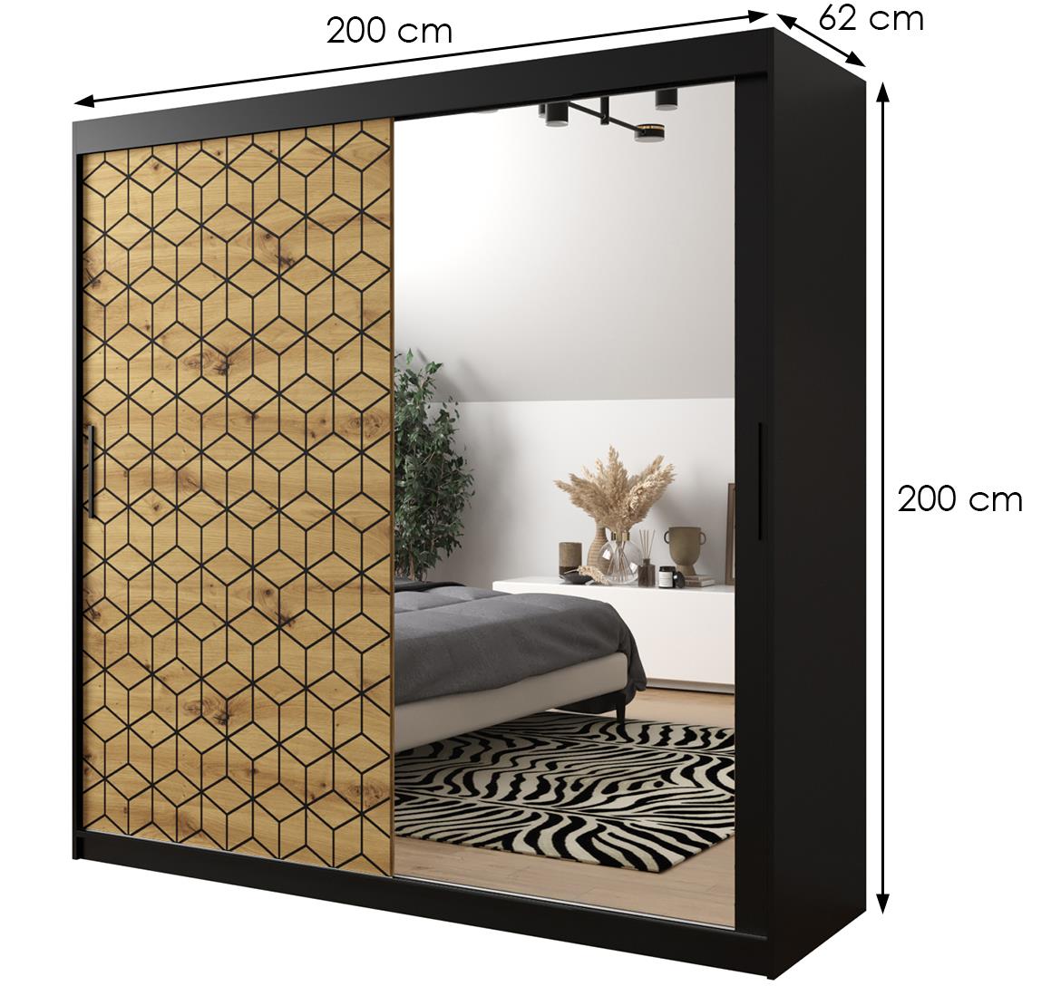 Hexagon ormar/ogledalo 2 vrata 200x62x200 cm natur (artisan hrast)/crni