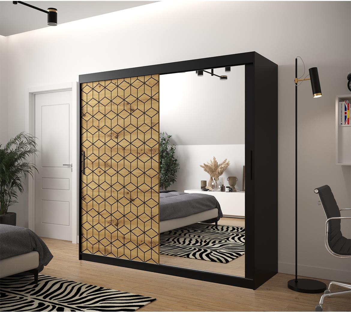 Hexagon ormar/ogledalo 2 vrata 200x62x200 cm natur (artisan hrast)/crni
