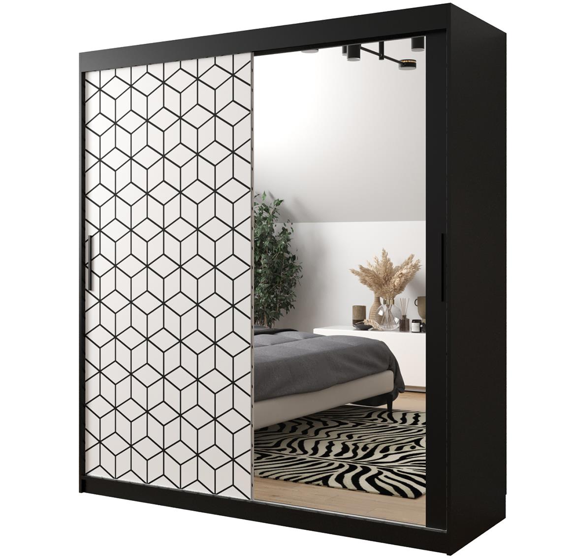 Hexagon ormar/ogledalo 2 vrata 180x62x200 cm crno/beli