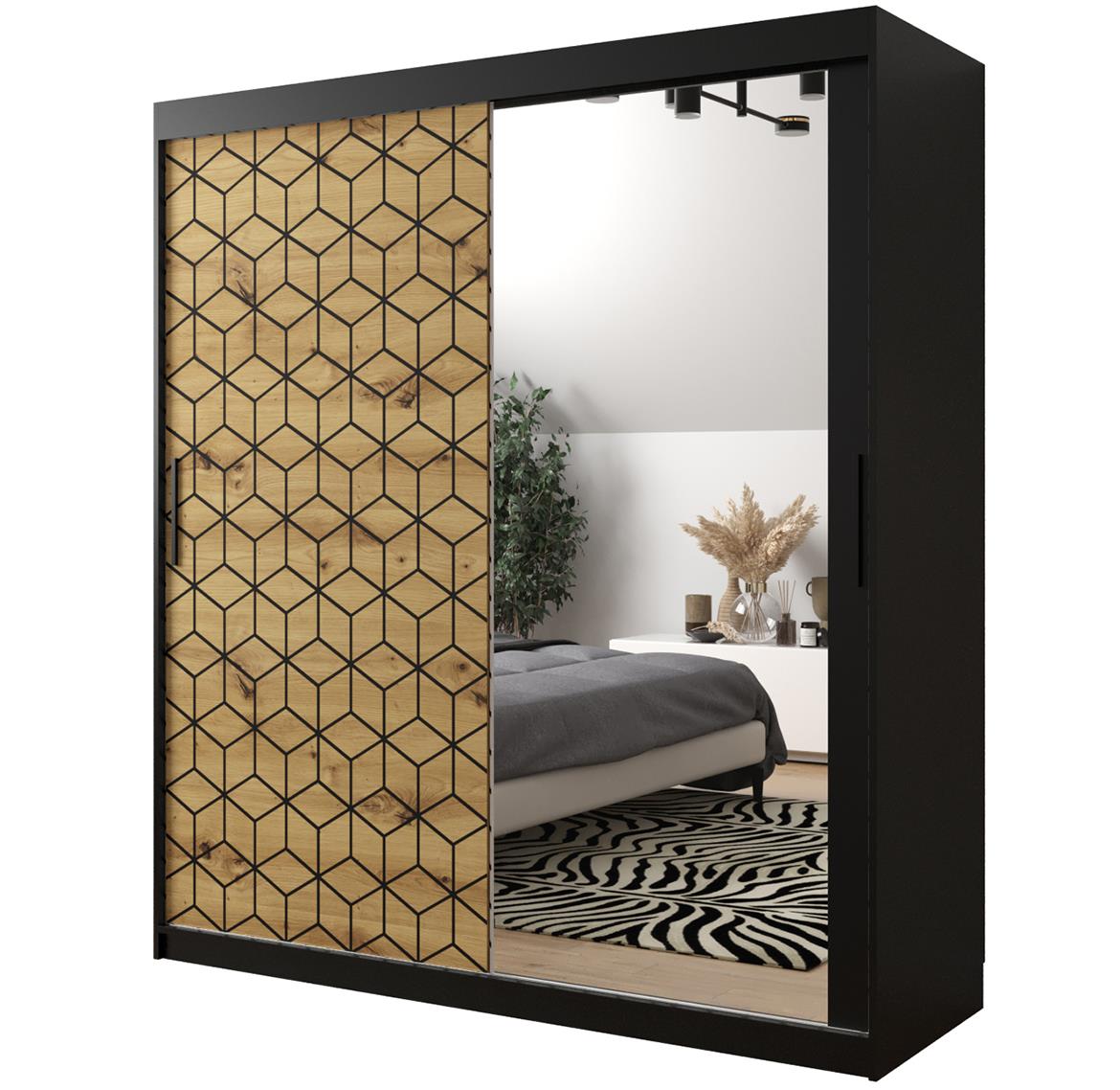 Hexagon ormar/ogledalo 2 vrata 180x62x200 cm natur (artisan hrast)/crni