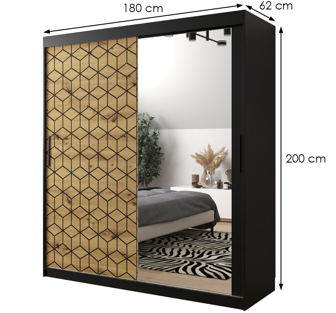 Hexagon ormar/ogledalo 2 vrata 180x62x200 cm natur (artisan hrast)/crni