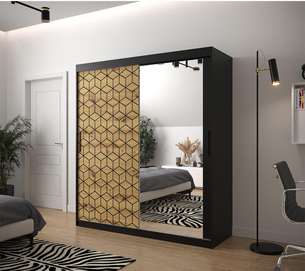 Hexagon ormar/ogledalo 2 vrata 180x62x200 cm natur (artisan hrast)/crni