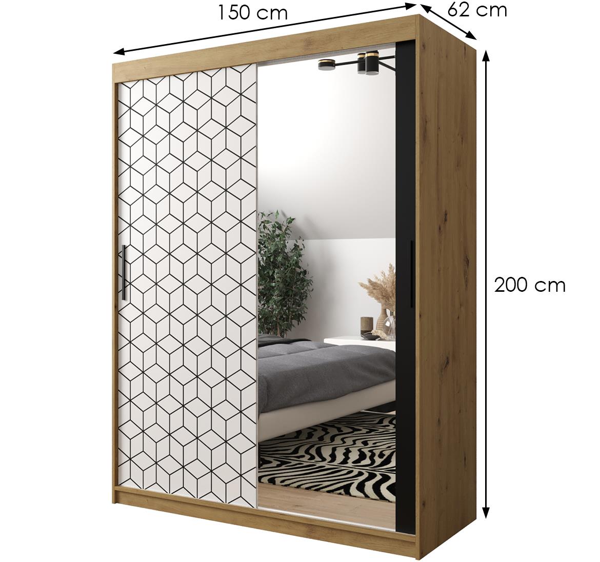 Hexagon ormar/ogledalo 2 vrata 150x62x200 cm natur (artisan hrast)/beli