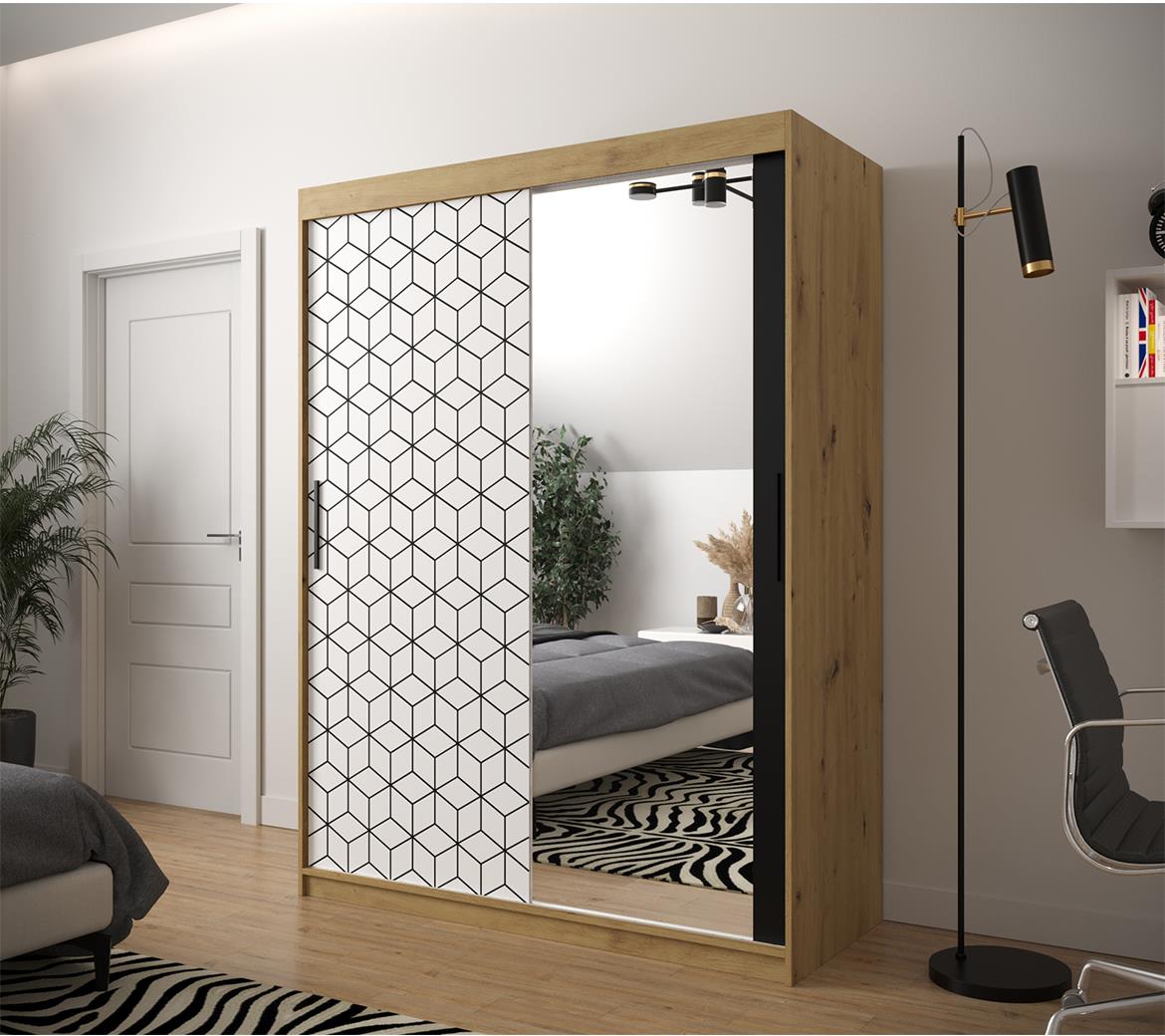 Hexagon ormar/ogledalo 2 vrata 150x62x200 cm natur (artisan hrast)/beli