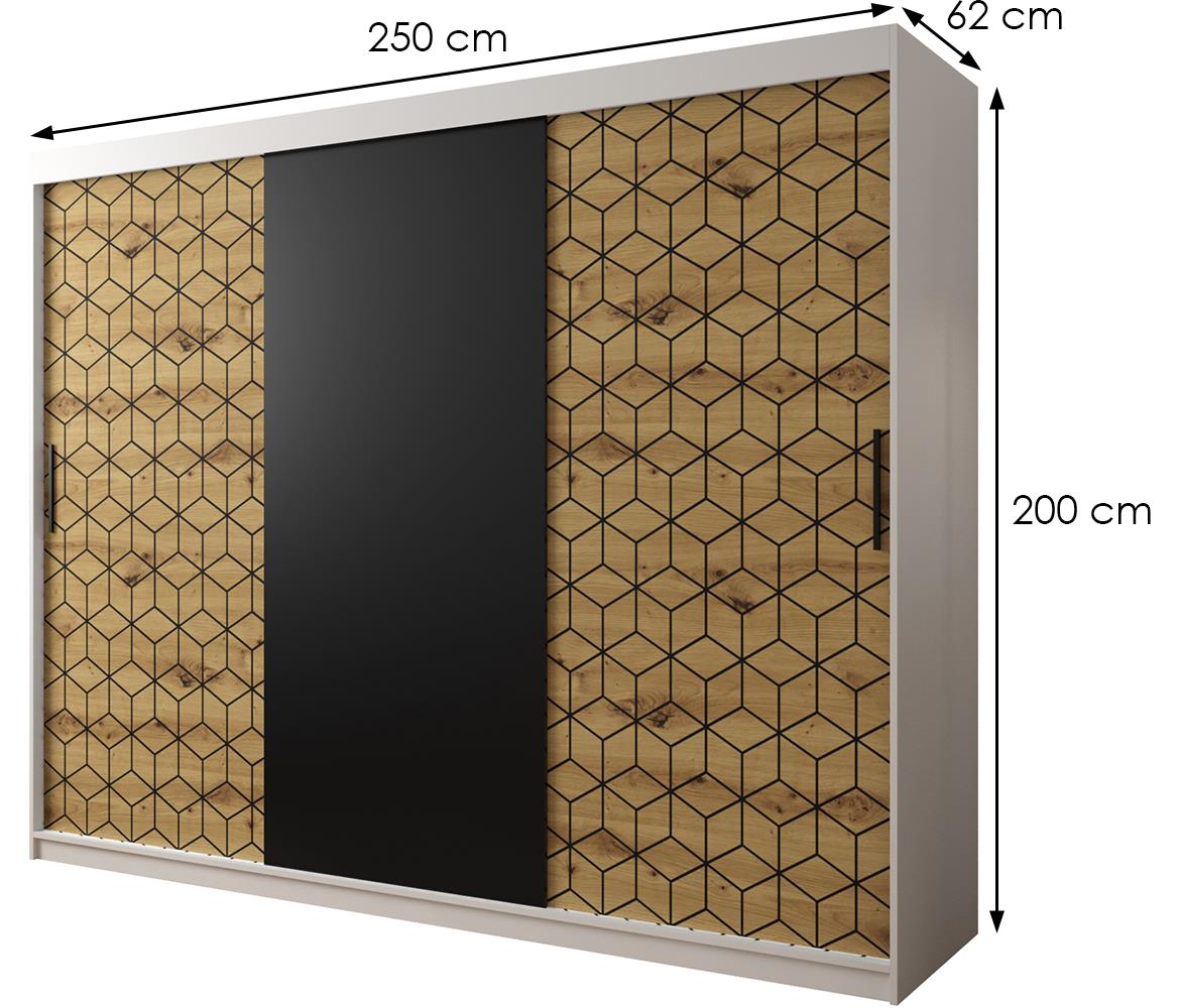 Hexagon ormar 3 vrata 250x62x200 cm natur (artisan hrast)/crni/beli