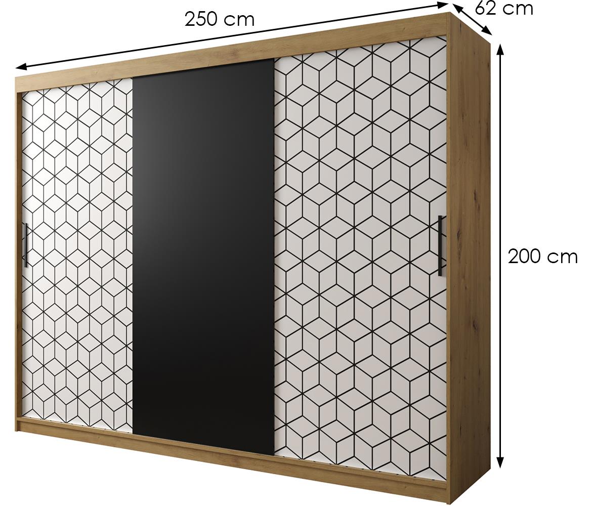 Hexagon ormar 3 vrata 250x62x200 cm natur (artisan hrast)/crni/beli