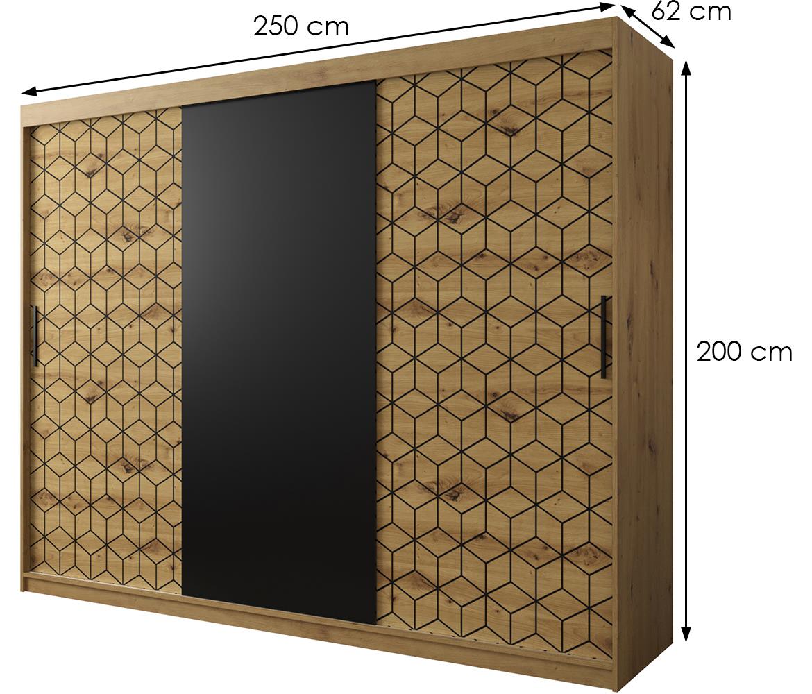 Hexagon ormar 3 vrata 250x62x200 cm natur (artisan hrast)/crni