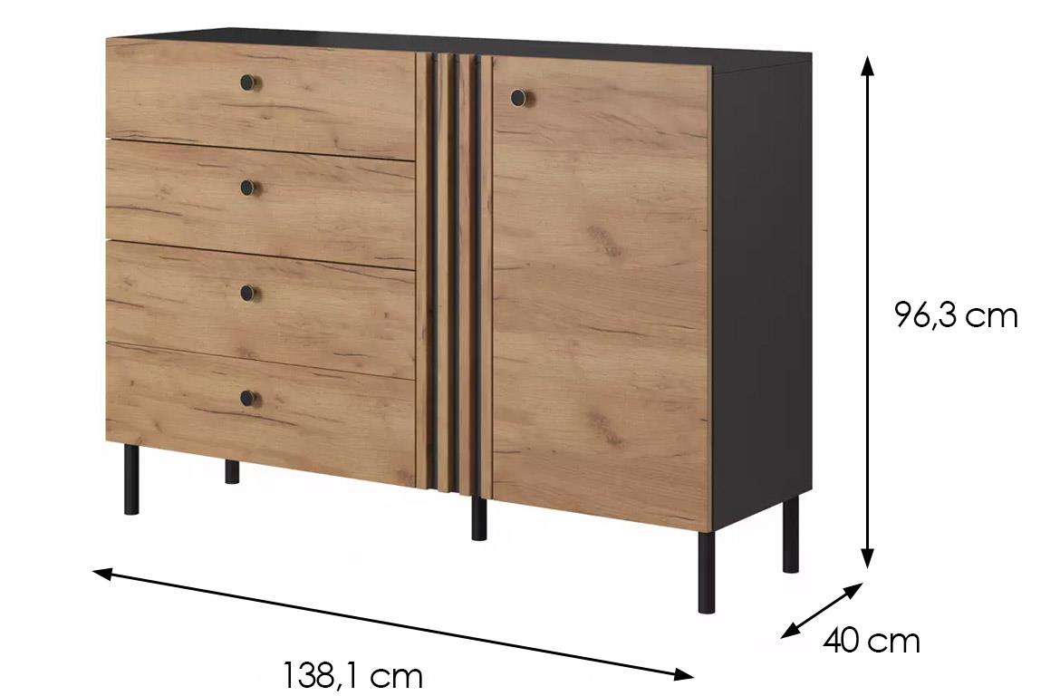 Deco 138 komoda 1 vrata+4 fioke 138,1x40x96,3 cm hrast/tamno siva