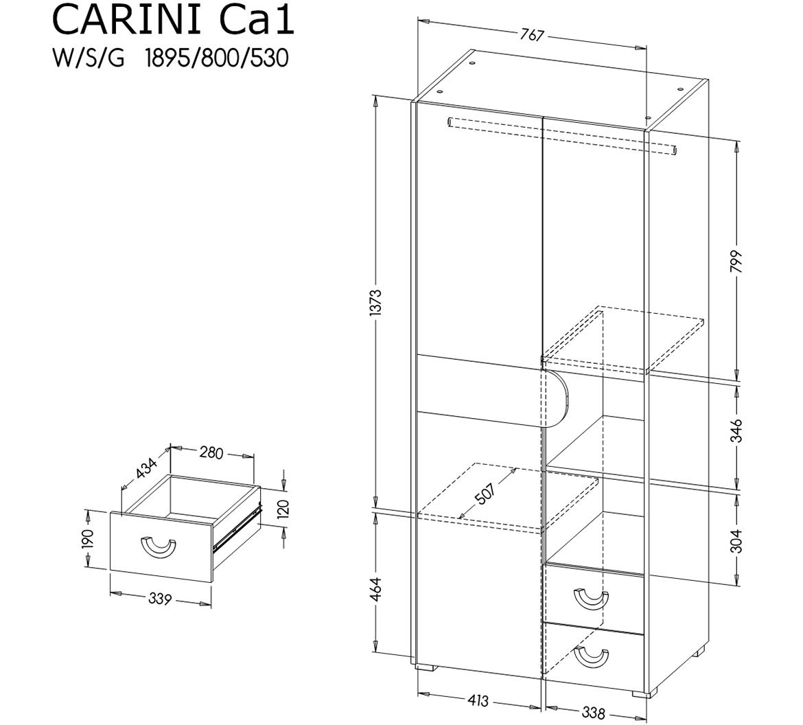 Carini CA1 ormar 2 vrata+2 fioke+2 otvora 80x53x189,5 cm hrast/siva/bela