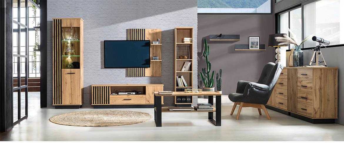 Lamelo 6 komoda 2 vrata+4 ladice 141,2x40x88,2 cm natur (wotan hrast)/crna