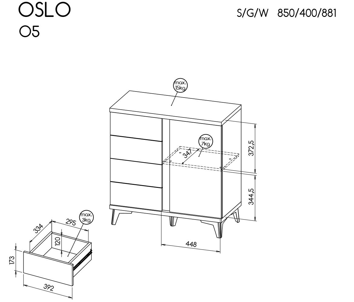 Oslo O5 komoda 1 vrata+4 fioke 85x40x88,1 hrast/bela