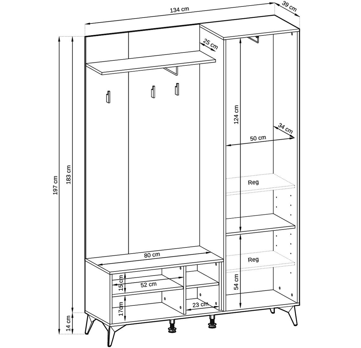 Diamond predsoblje 134x39x197 cm hrast evoke/crno