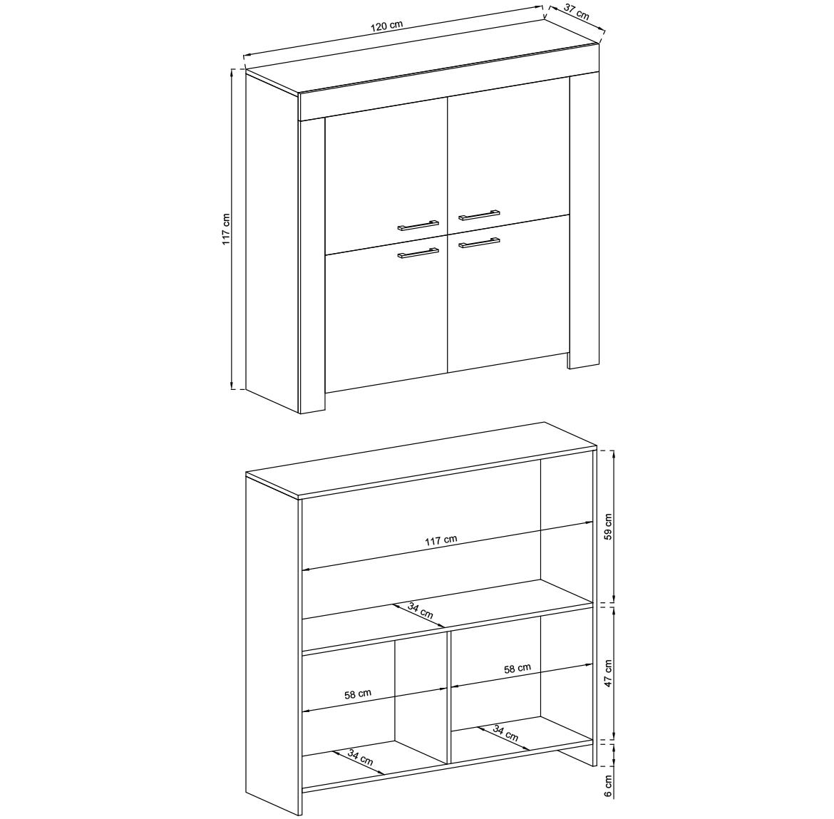 Sky komoda SK120 4 vrata 120x37x117 cm sivi hrast