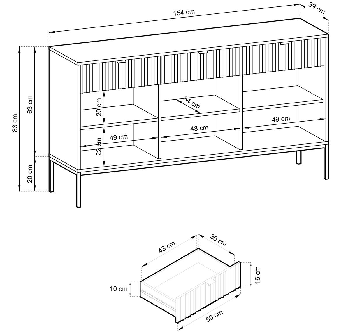 Nova komoda KSZ154 3 vrata+3 fioke 154x39x83 cm crna