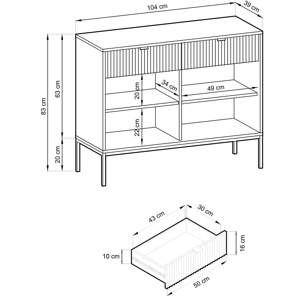 Nova komoda KSZ104 2 vrata+2 fioke 104x39x83 cm crna