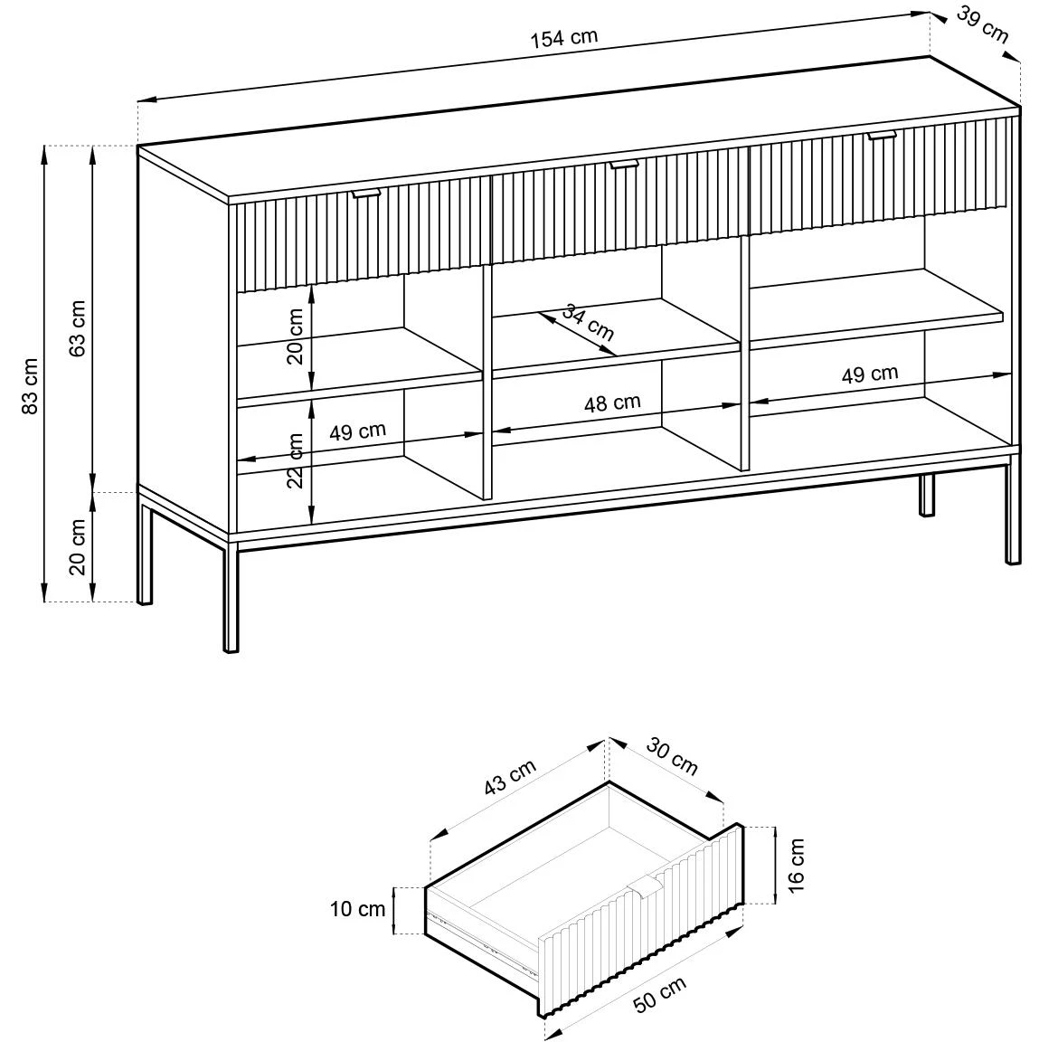 Nova komoda KSZ154 3 vrata+3 fioke 154x39x83 cm bela