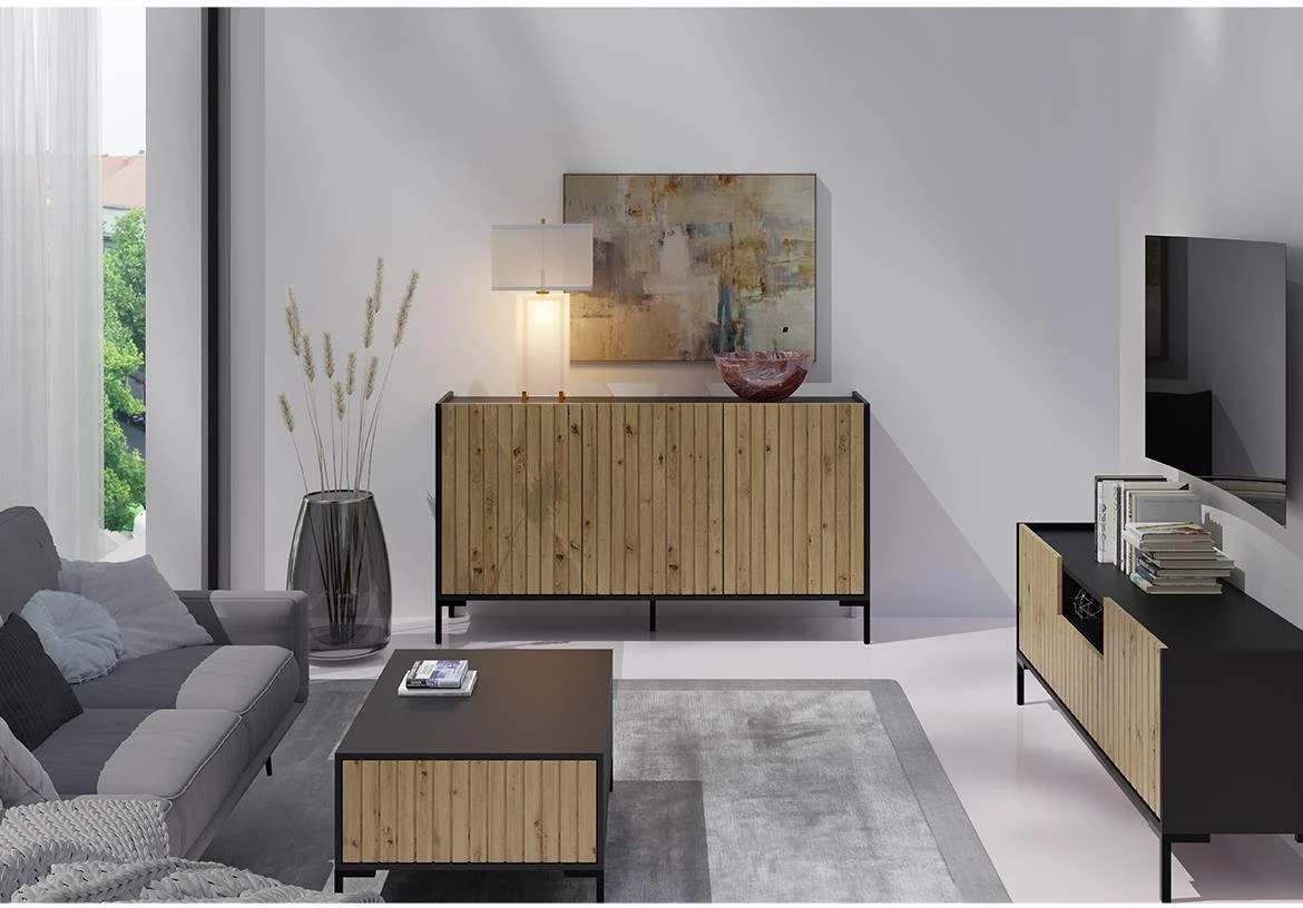 Lando 1 komoda 2 vrata 100x40x125 cm crna / natur (artisan hrast)