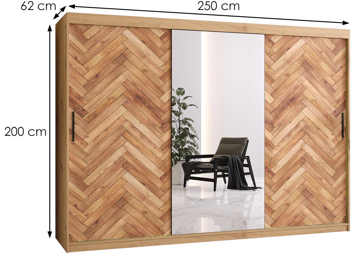 Herringbone 2 klizni ormar 3 vrata/ogledalo 250x62x200 cm crni/natur (artisan hrast)