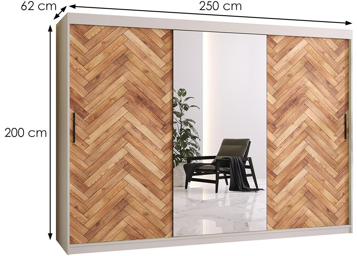 Herringbone 2 klizni ormar 3 vrata/ogledalo 250x62x200 cm crno/beli/natur