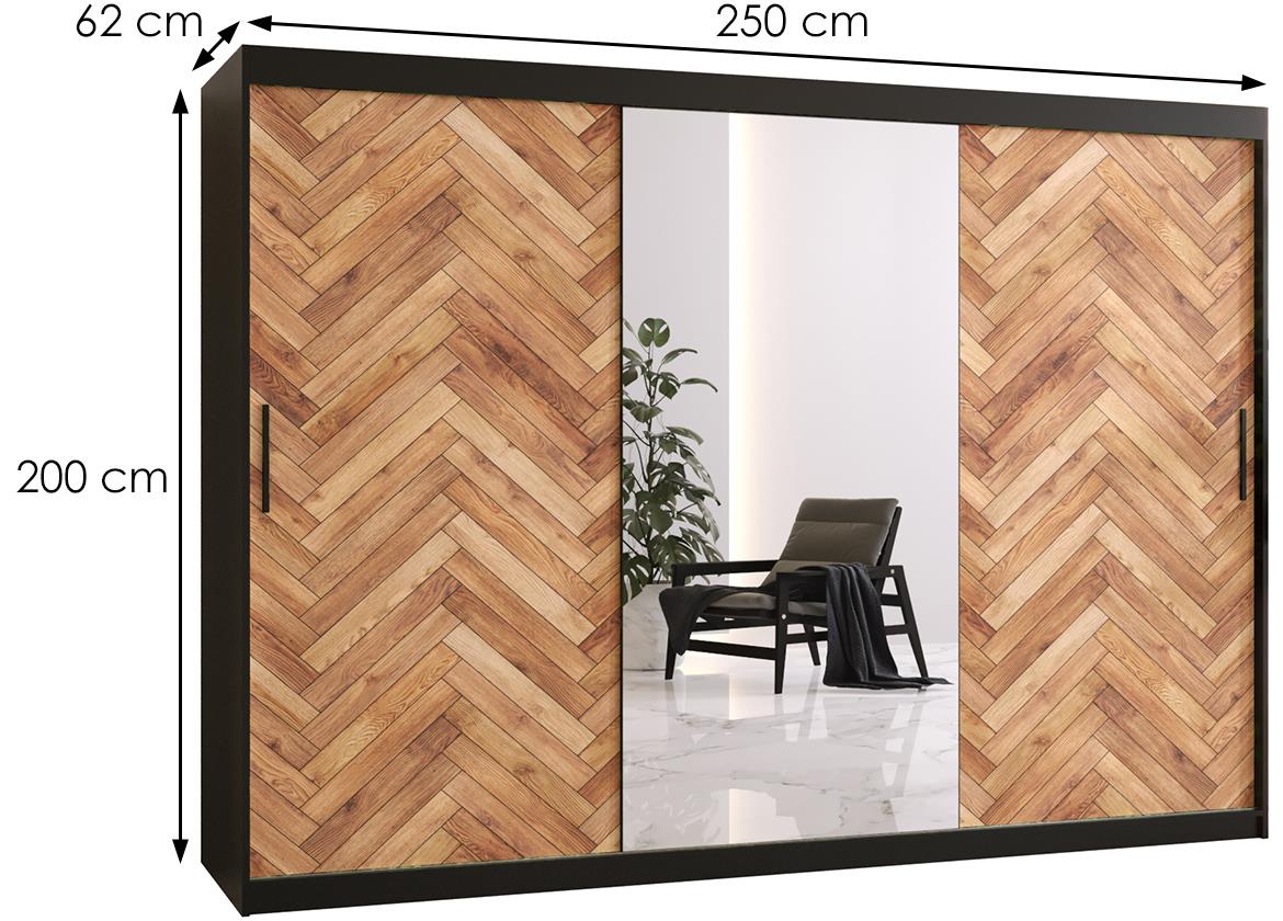 Herringbone 2 klizni ormar 3 vrata/ogledalo 250x62x200 cm crni/natur