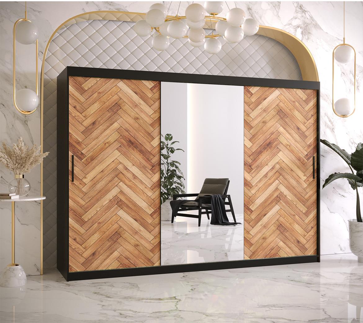 Herringbone 2 klizni ormar 3 vrata/ogledalo 250x62x200 cm crni/natur