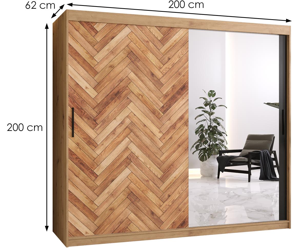 Herringbone 2 klizni ormar 2 vrata/ogledalo 200x62x200 cm crni/natur (artisan hrast)