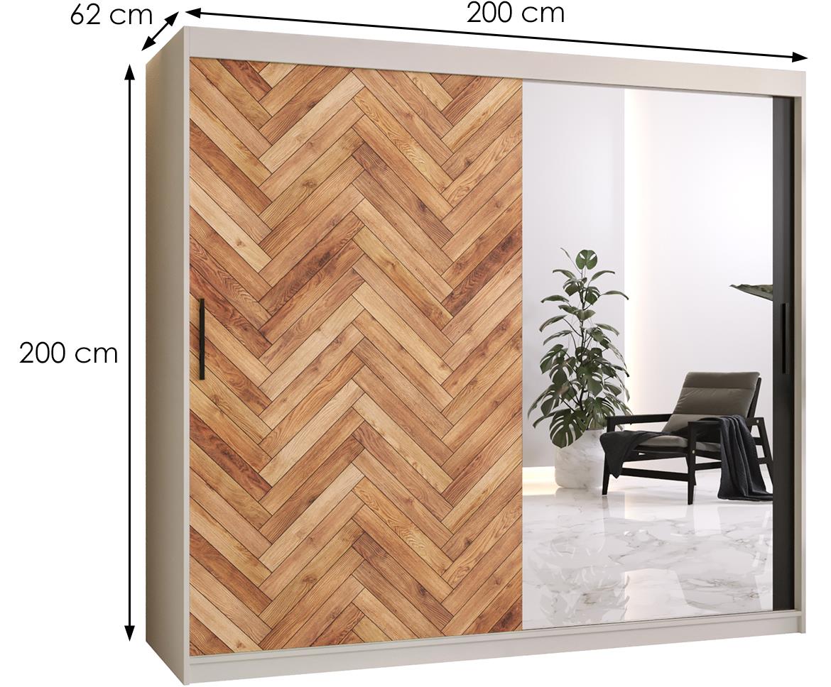 Herringbone 2 klizni ormar 2 vrata/ogledalo 200x62x200 cm crno/beli/natur