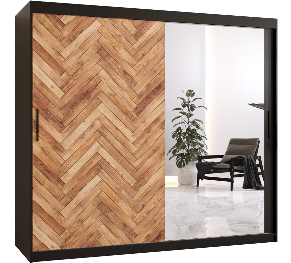 Herringbone 2 klizni ormar 2 vrata/ogledalo 200x62x200 cm crni/natur