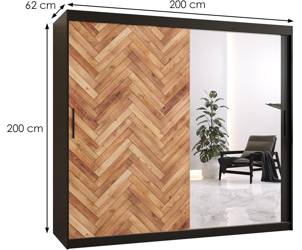 Herringbone 2 klizni ormar 2 vrata/ogledalo 200x62x200 cm crni/natur