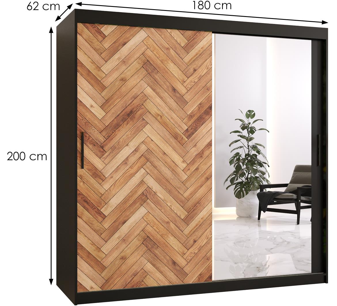 Herringbone 2 klizni ormar 2 vrata/ogledalo 180x62x200 cm crni/natur