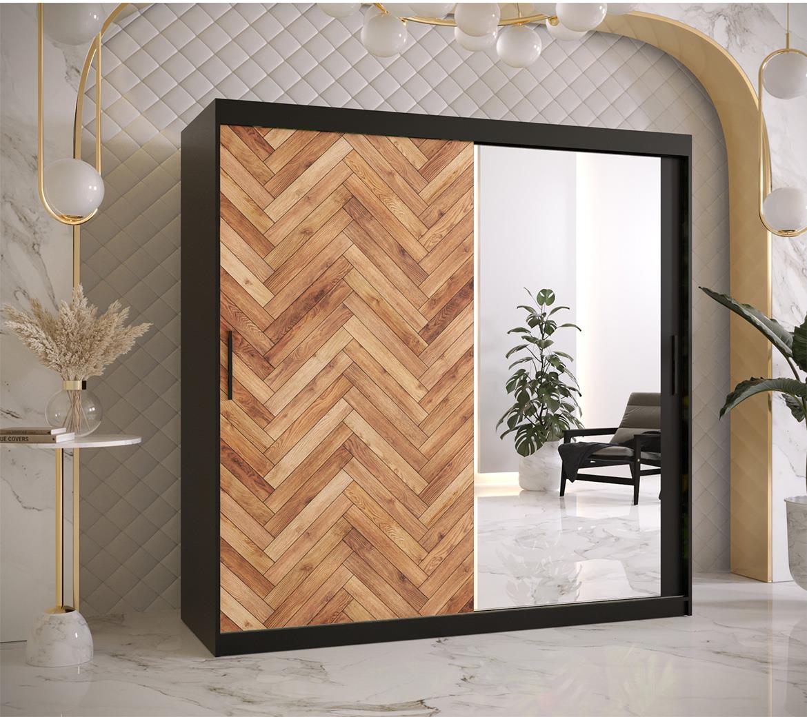 Herringbone 2 klizni ormar 2 vrata/ogledalo 180x62x200 cm crni/natur