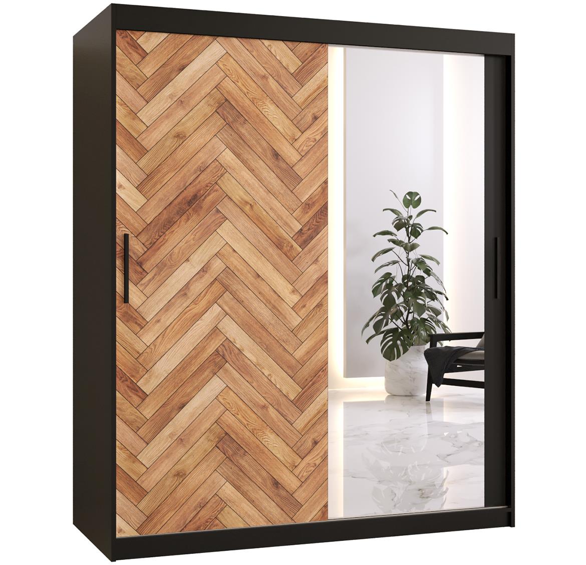 Herringbone 2 klizni ormar 2 vrata/ogledalo 150x62x200 cm crni/natur