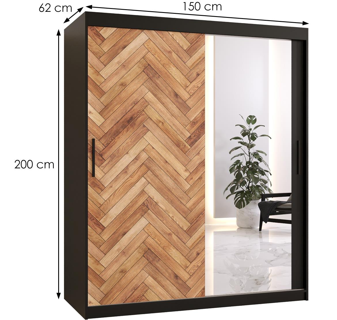 Herringbone 2 klizni ormar 2 vrata/ogledalo 150x62x200 cm crni/natur