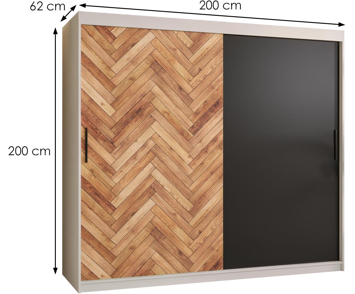 Herringbone klizni ormar 2 vrata 200x62x200 cm crno/beli/natur