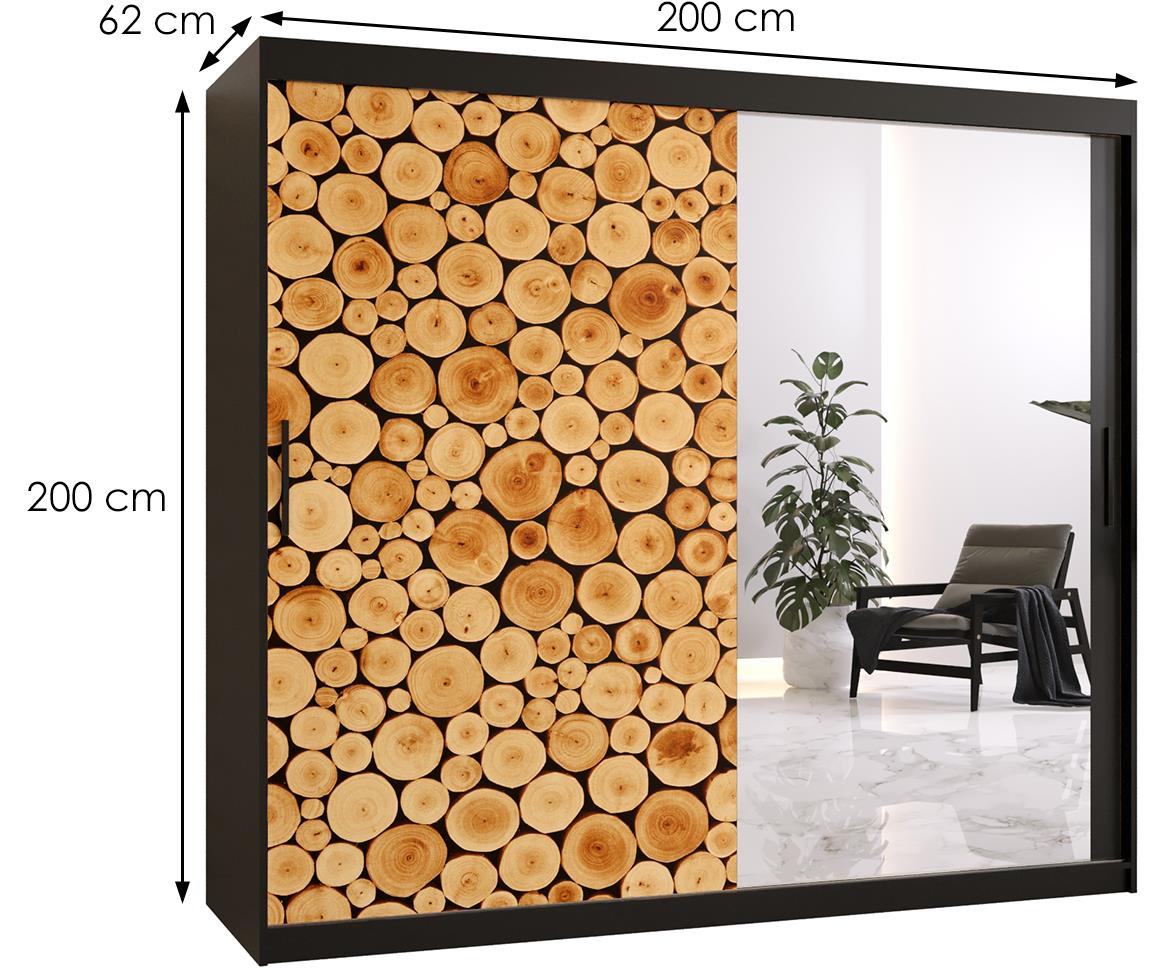 Polano 2 klizni ormar 2 vrata/ogledalo 200x62x200 cm natur/crni