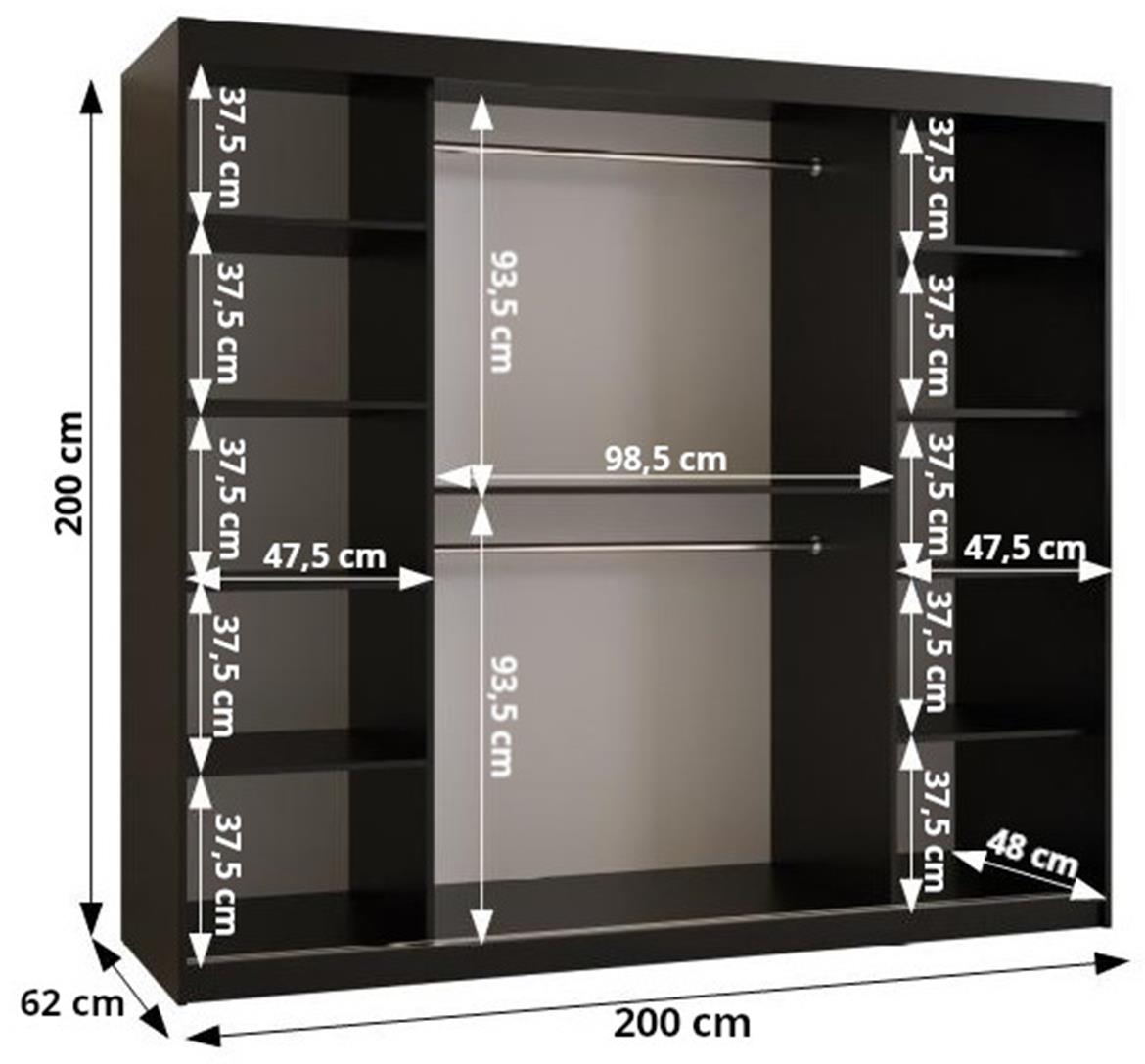 Polano 2 klizni ormar 2 vrata/ogledalo 200x62x200 cm natur/crni