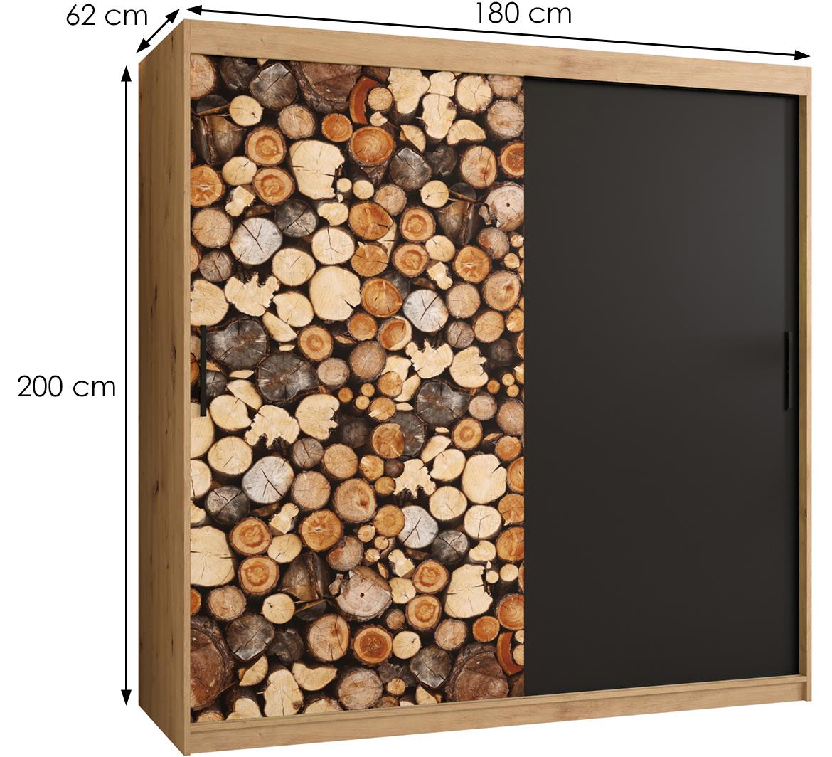 Country klizni ormar 2 vrata 180x62x200 cm crni/natur (artisan hrast)/motiv drva