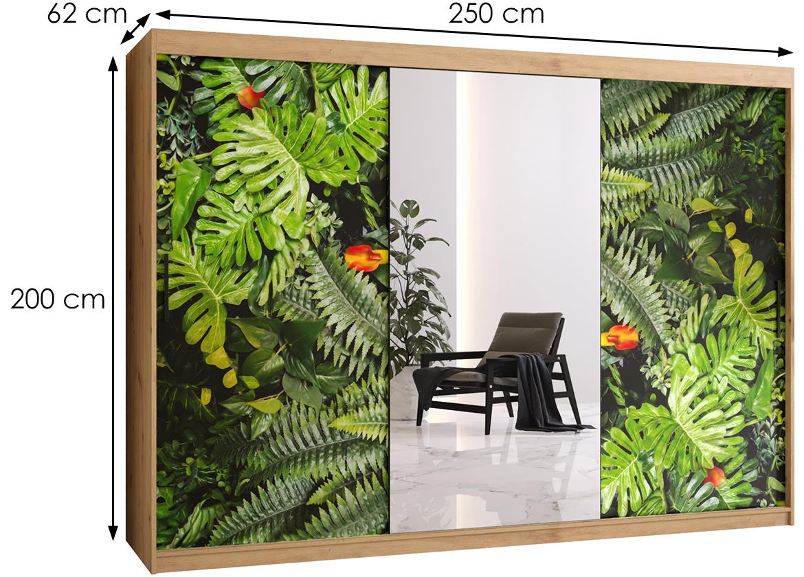 Kinshasa 2 klizni ormar 2 vrata/ogledalo 250x62x200 cm natur (artisan hrast)/motiv džungle