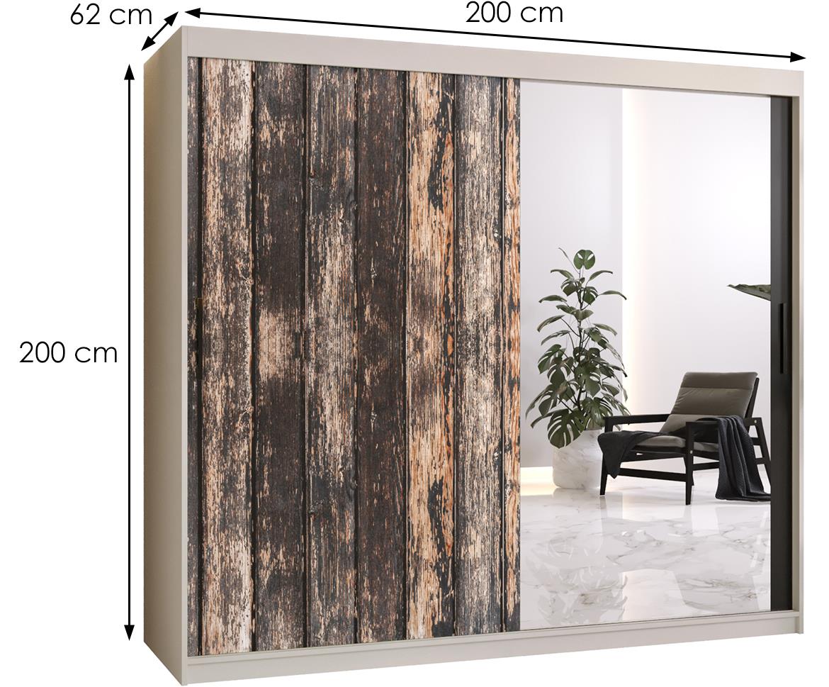 Rustic II klizni ormar 2 vrata/ogledalo 200x62x200 cm rustik drvo/crno/beli