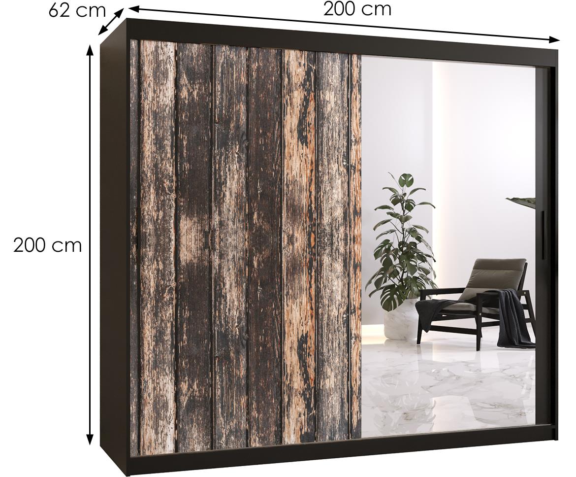 Rustic II klizni ormar 2 vrata/ogledalo 200x62x200 cm rustik drvo/crni