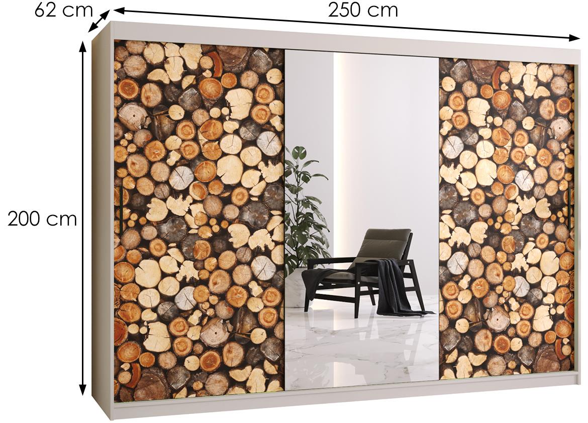 Country 2 klizni ormar 3 vrata/ogledalo 250x62x200 cm crno/beli/motiv drva