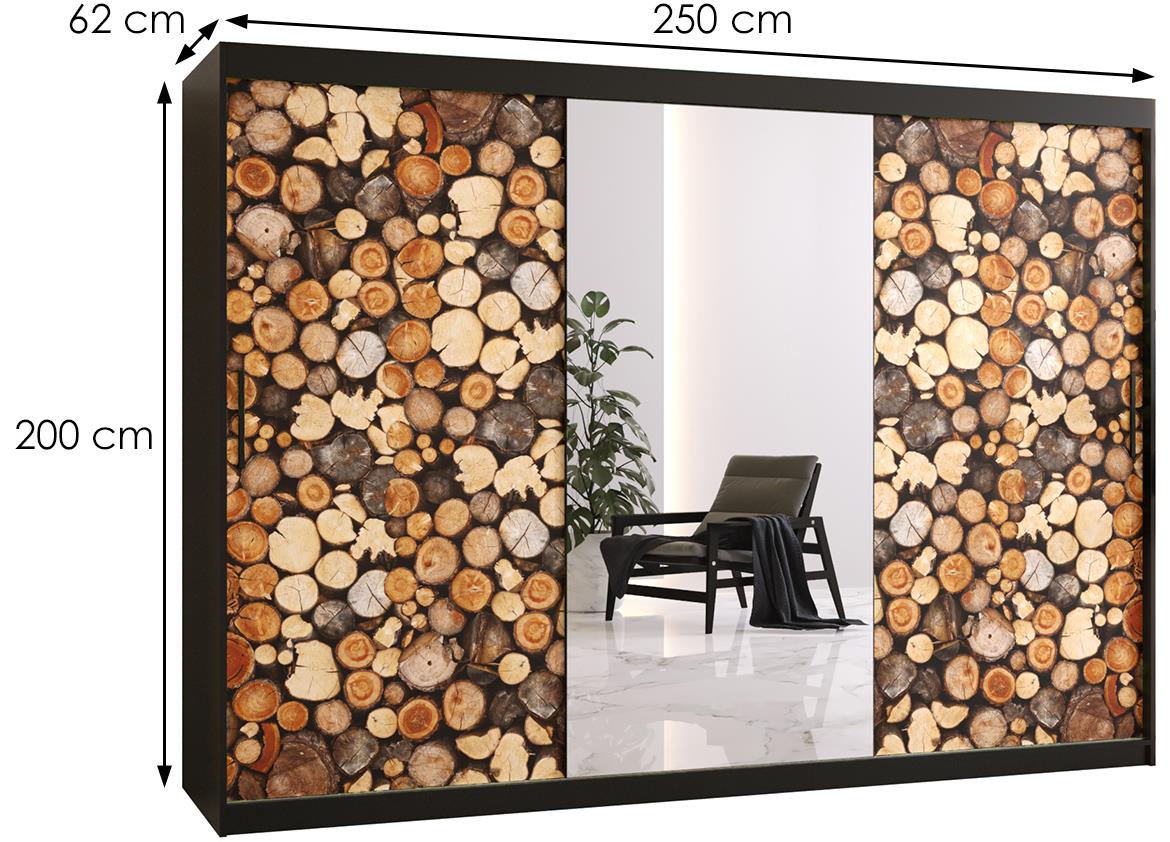 Country 2 klizni ormar 3 vrata/ogledalo 250x62x200 cm crni/motiv drva