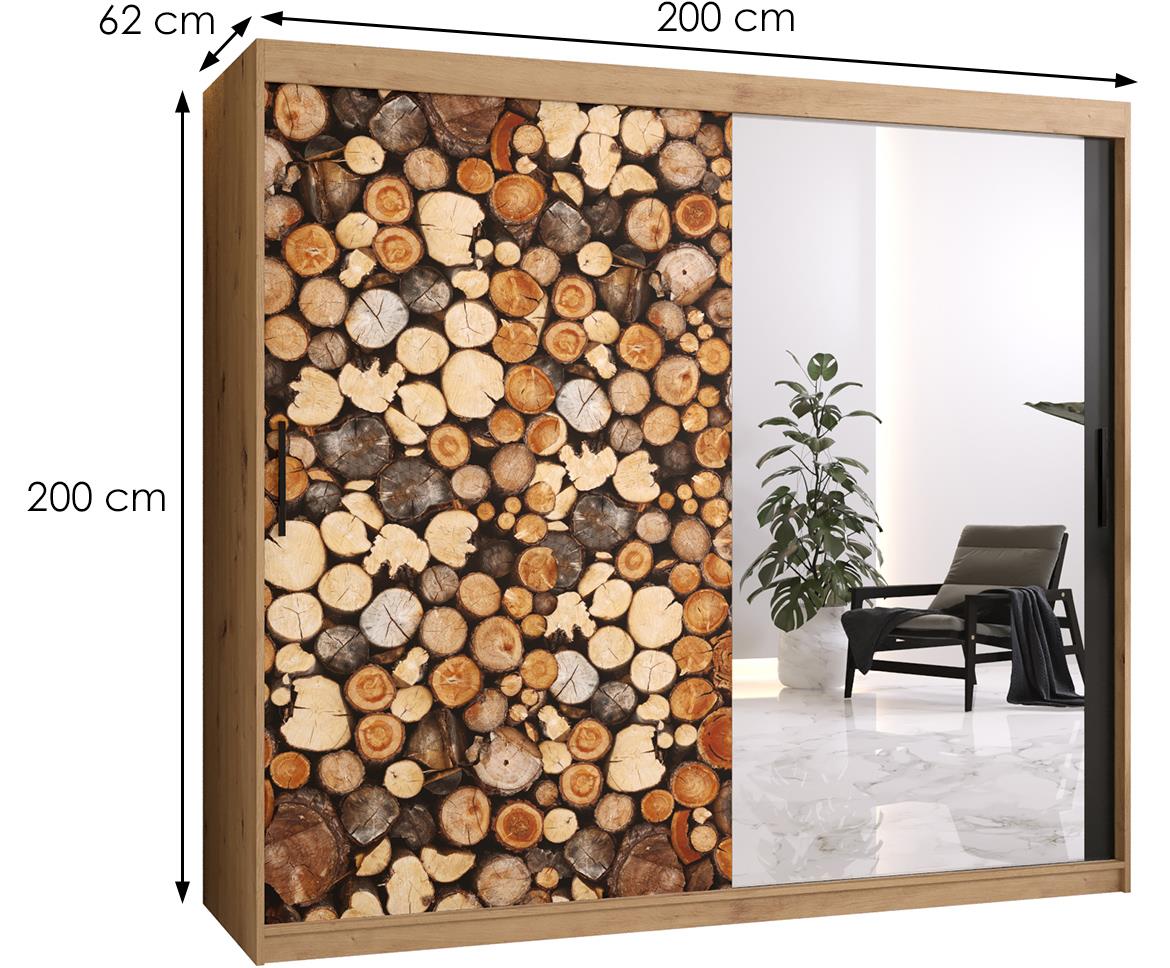 Country 2 klizni ormar 2 vrata/ogledalo 200x62x200 cm crni/natur (artisan hrast)/motiv drva