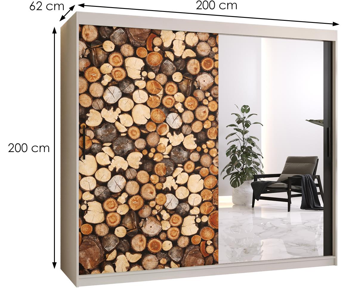 Country 2 klizni ormar 2 vrata/ogledalo 200x62x200 cm crno/beli/motiv drva