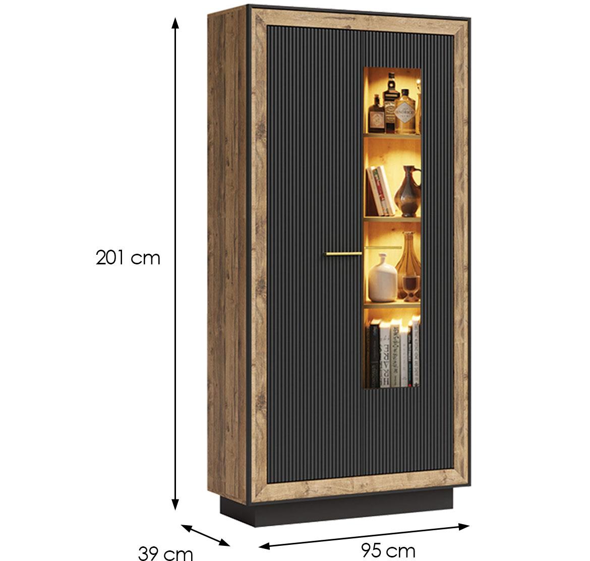 Fox 2 vitrina 95x53x201 crna/natur (hrast eger)