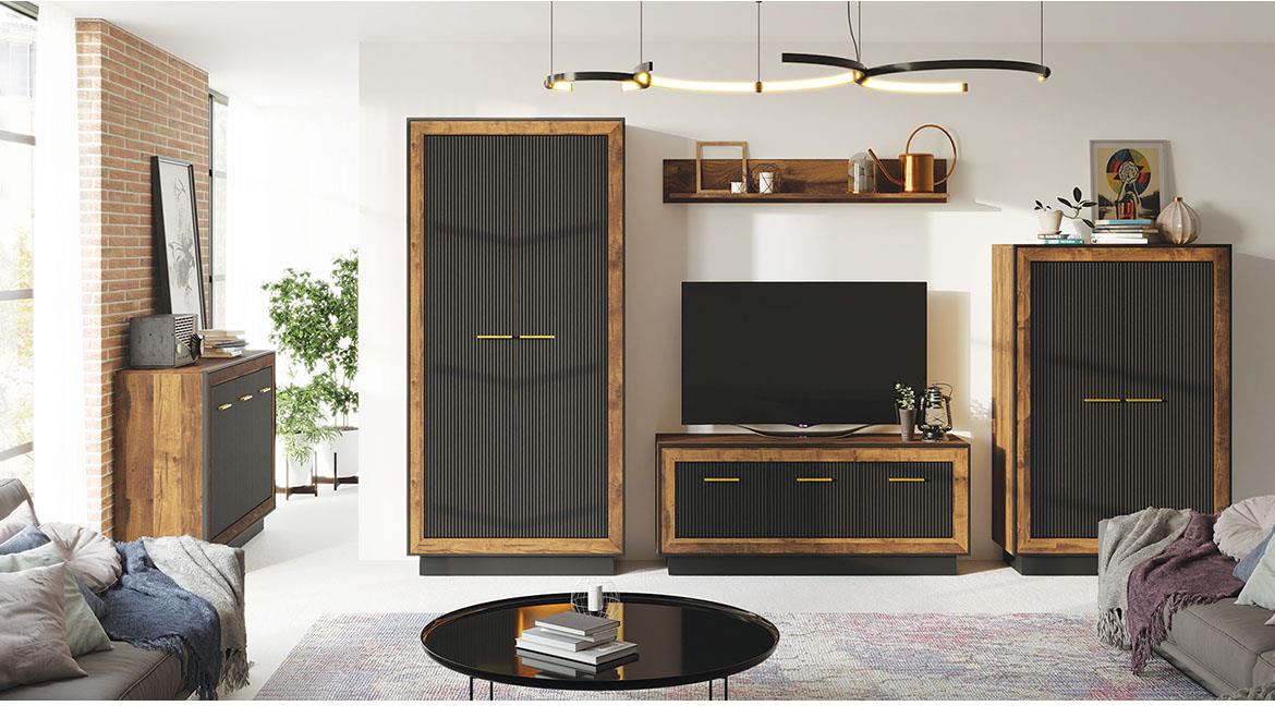 Fox 2 vitrina 95x53x201 crna/natur (hrast eger)